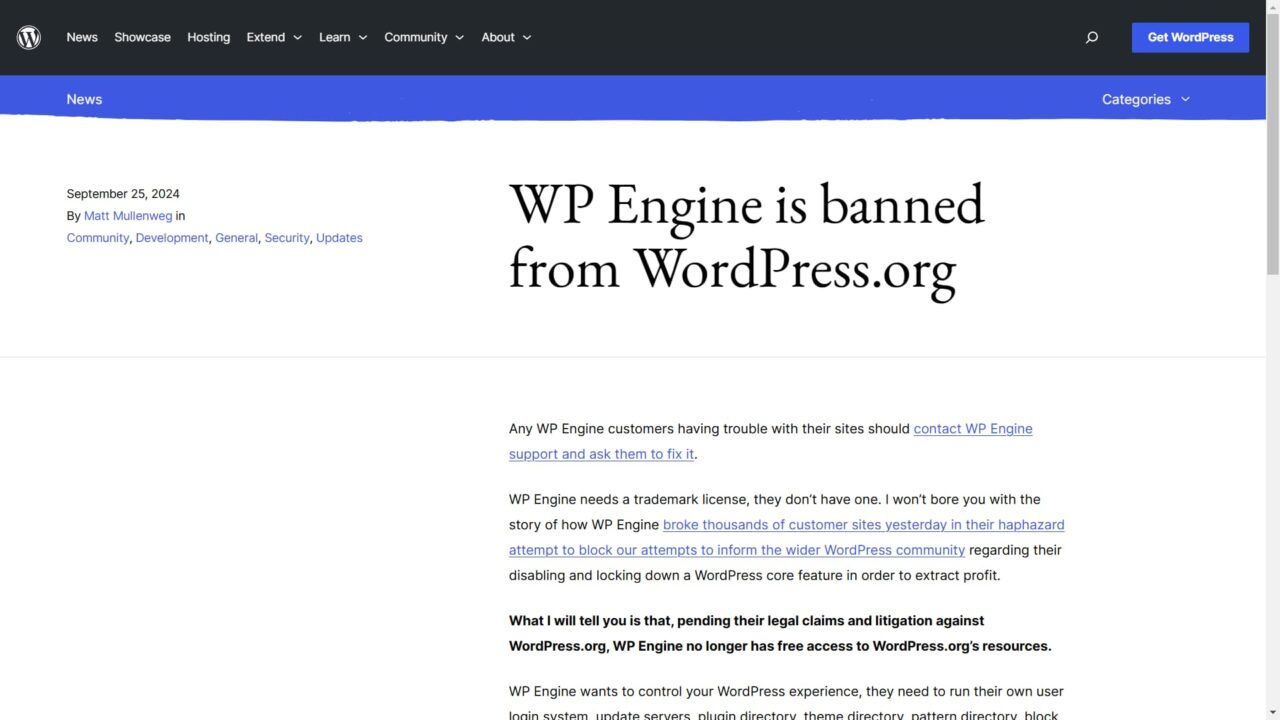 WP Engine is banned from WordPress.org